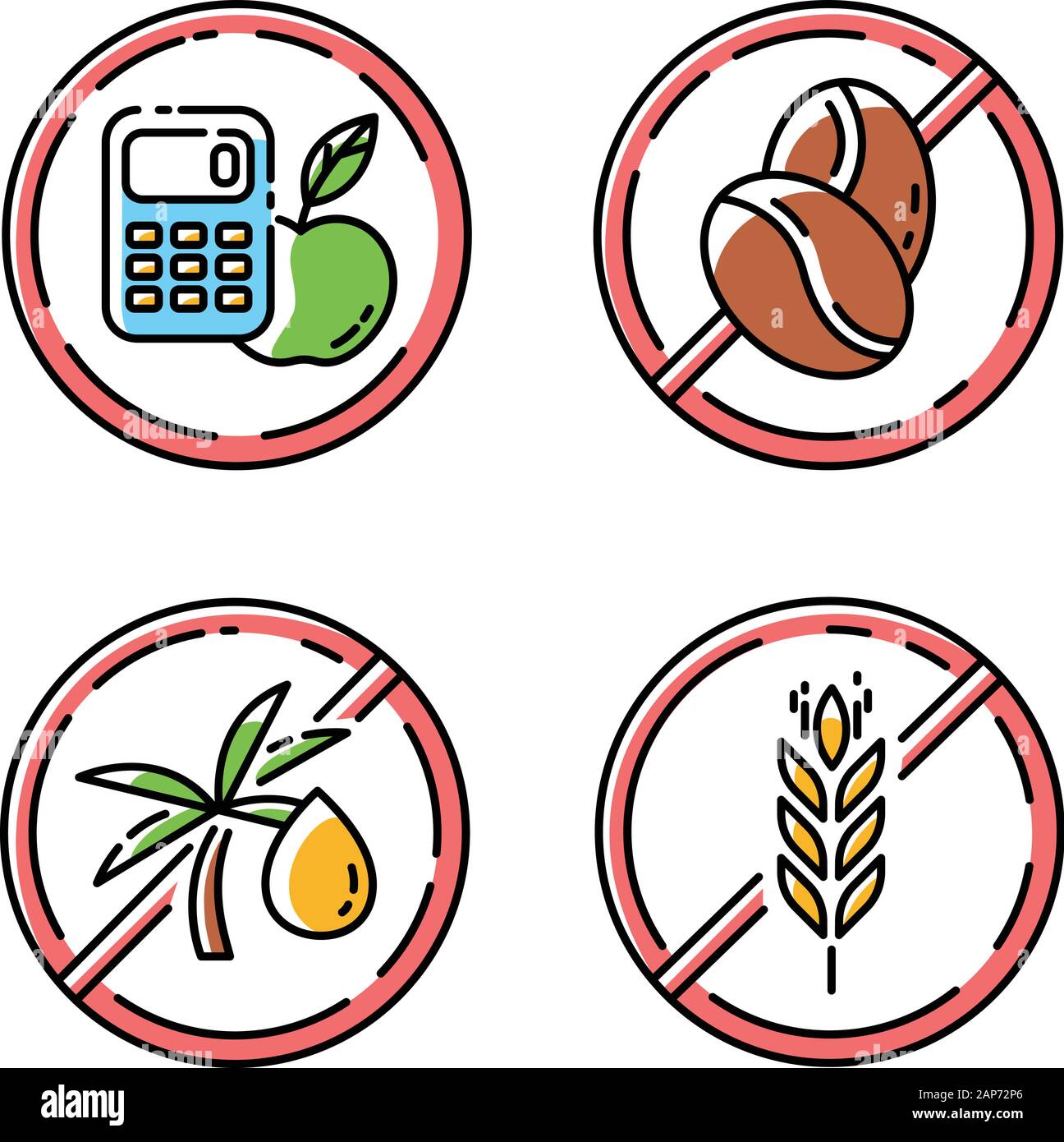 Product free ingredient color icons set. No calories, caffeine, palm ...