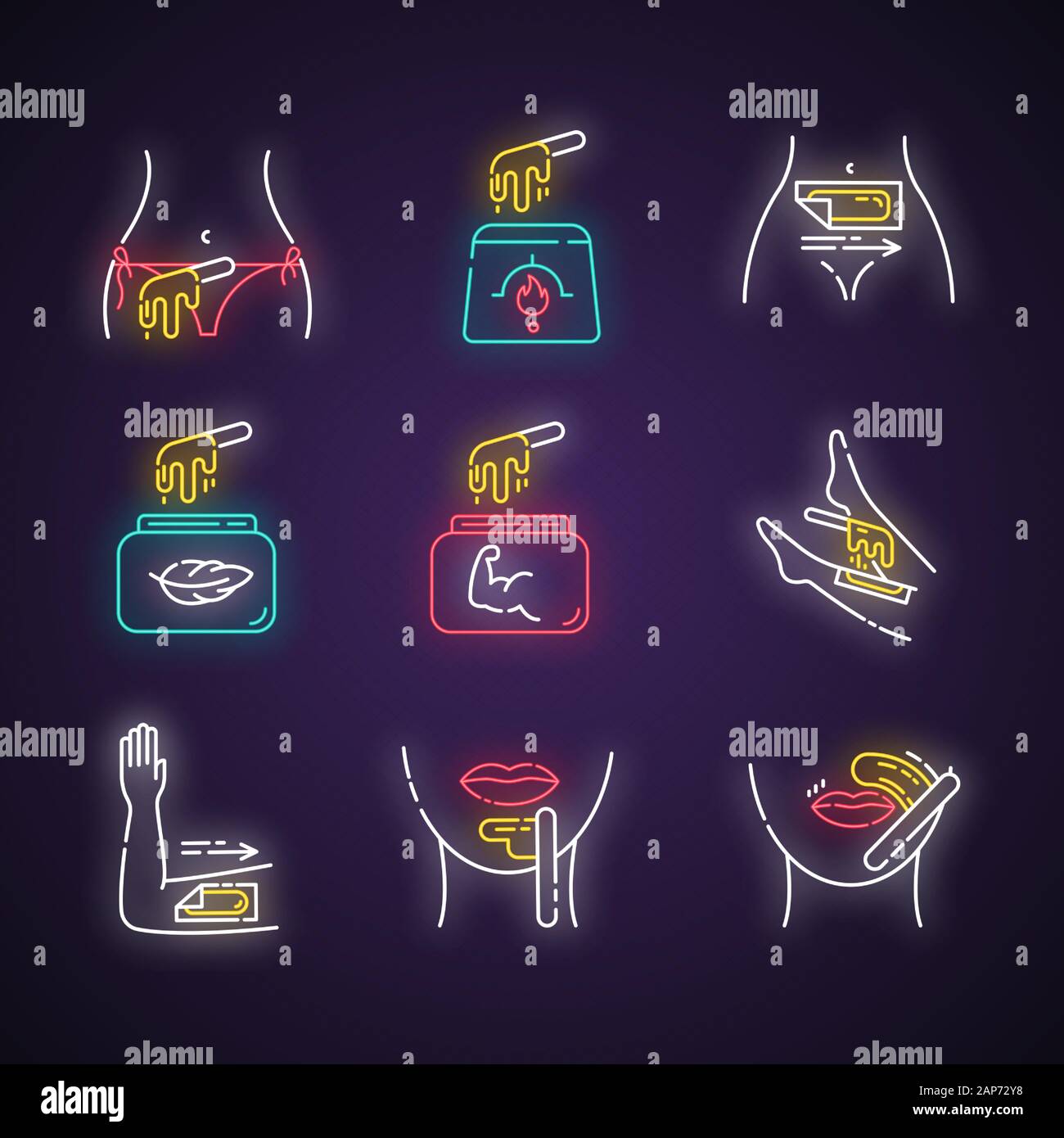 Waxing Neon Light Icons Set Bikini Leg Upper Lip Chin Hair