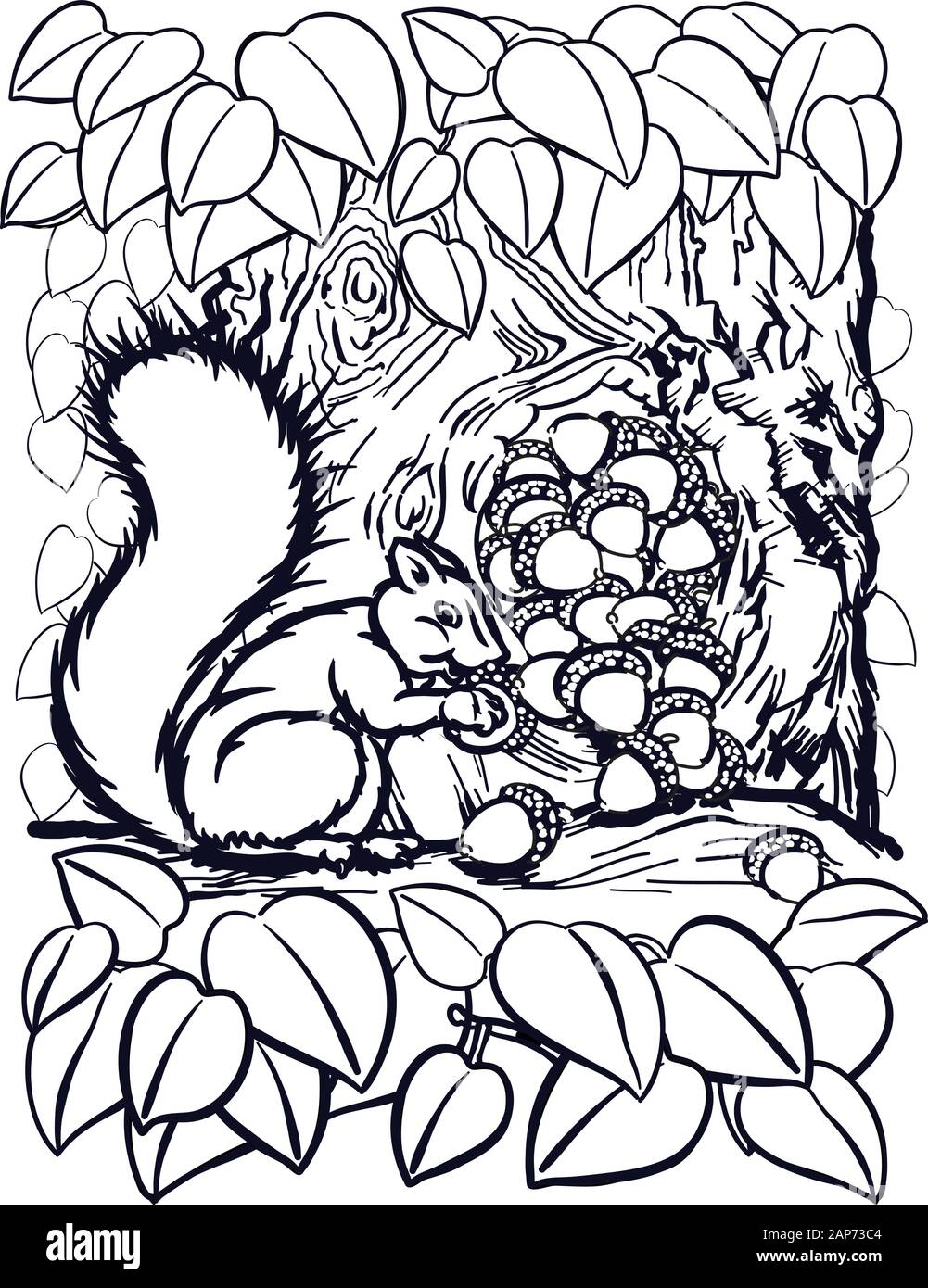 Squirrel saving with a pile of acorns overflowing out of a hole in the tree as the squirrel with a long furry tail holds a single nut close to his che Stock Vector