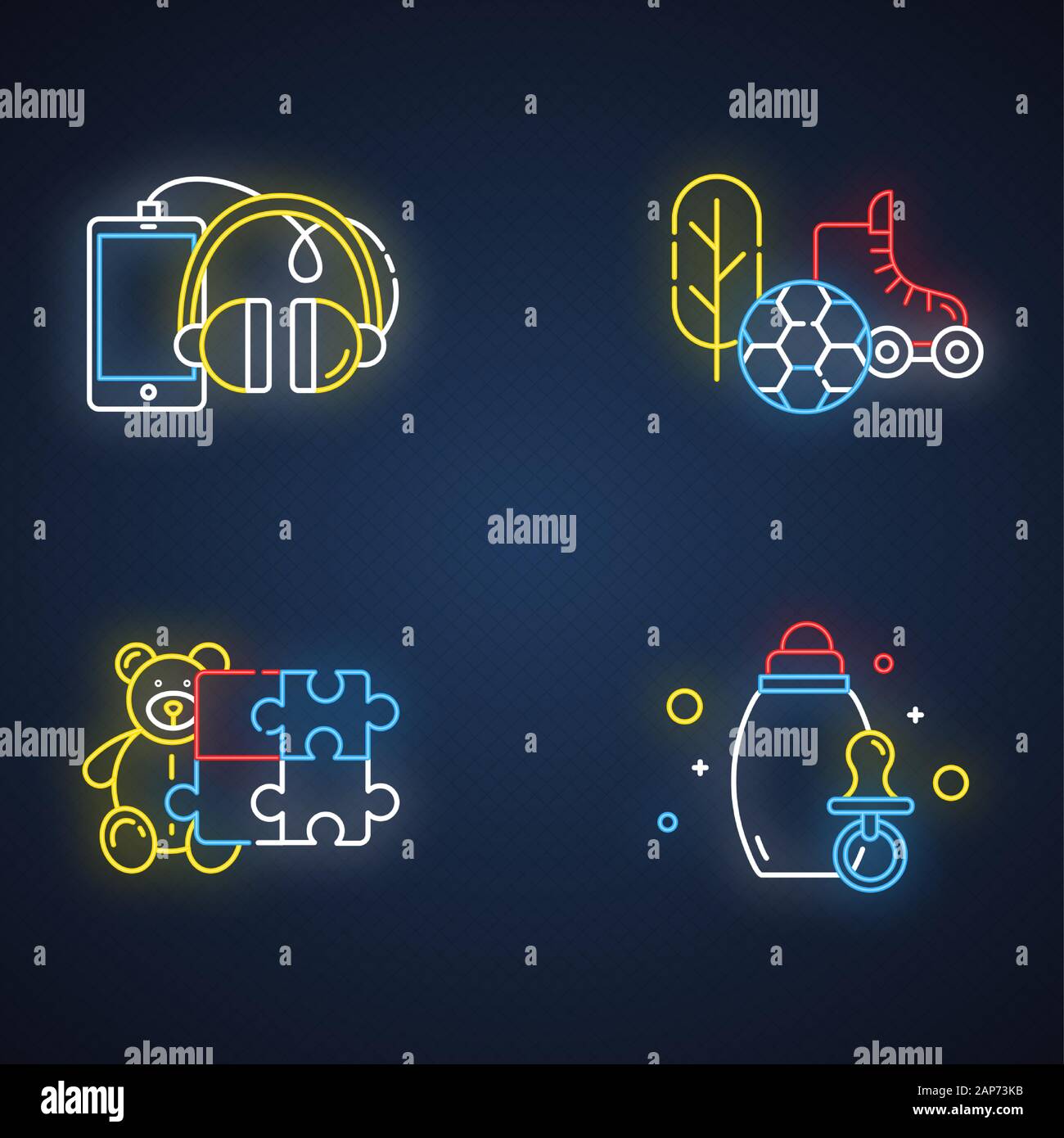 E commerce departments neon light icons set. Online shopping categories. Toys, hobbies. Baby products. Phones and accessories. Sports and outdoors. Gl Stock Vector