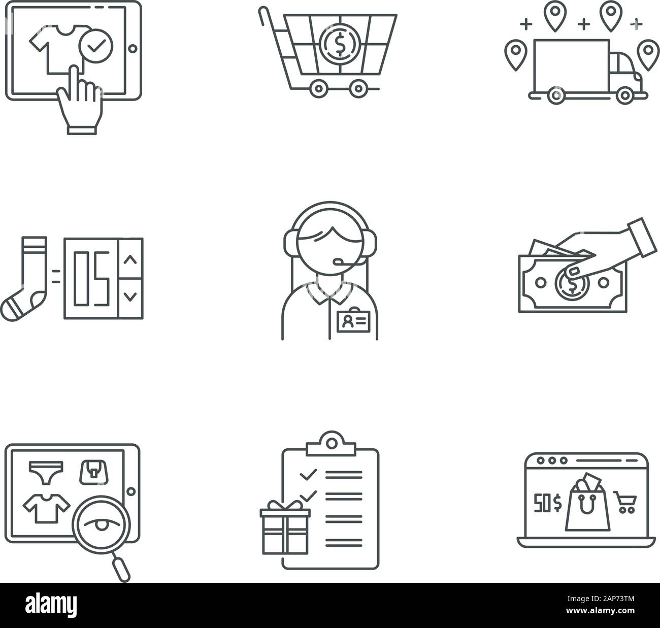 E commerce linear icons set. Online shopping. Searching, buying and ...