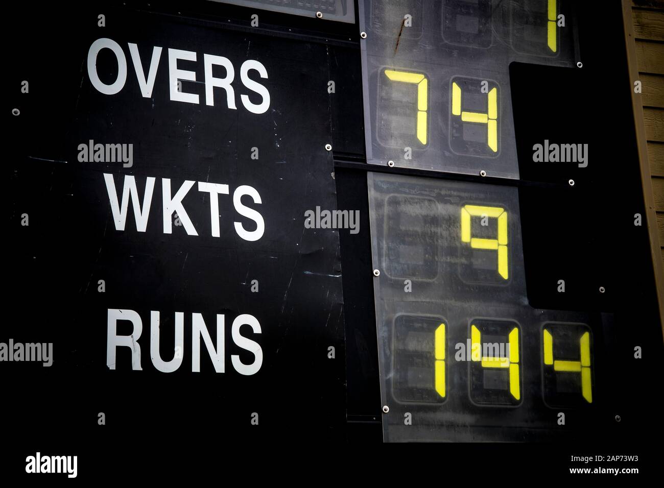 Cricket scoreboard showing wickets and runs scored Stock Photo