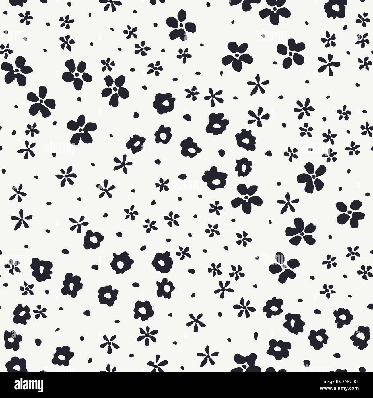 Monochrome graphic abstract ditsy daisies floral vector seamless pattern.  Simplistic hand painted black blooms, marks, spots and dots on white  backgro Stock Vector Image & Art - Alamy