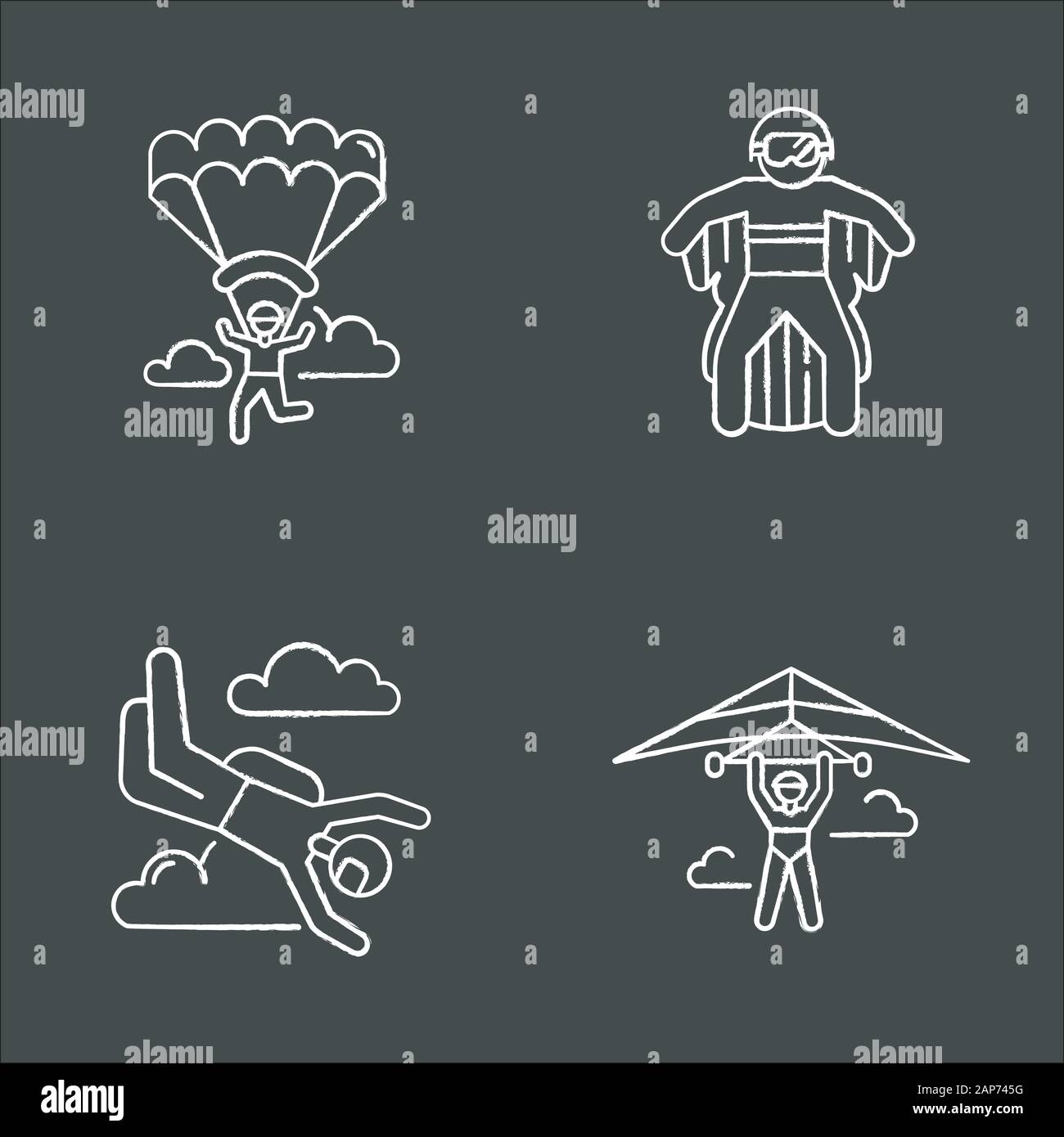 Air extreme sports chalk icons set. Hang gliding, skydiving, wing suiting and paragliding. Outdoor activities. Adrenaline entertainment and risky recr Stock Vector