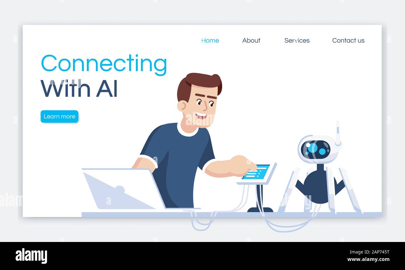 Connecting with AI landing page vector template. Programming robot ...