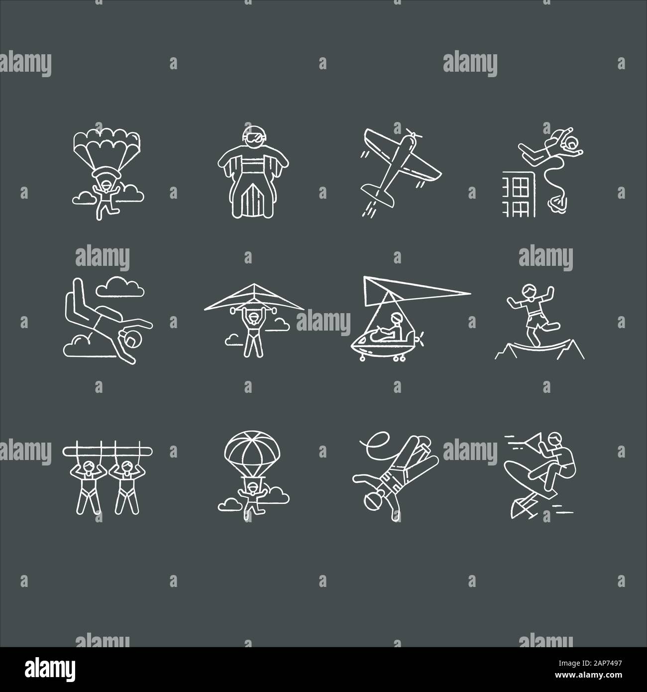 Air extreme sports chalk icons set. Skydiving, parachuting, wingsuiting. Outdoor activities. Paragliding, aerobatics and bungee jumping. Adrenaline en Stock Vector