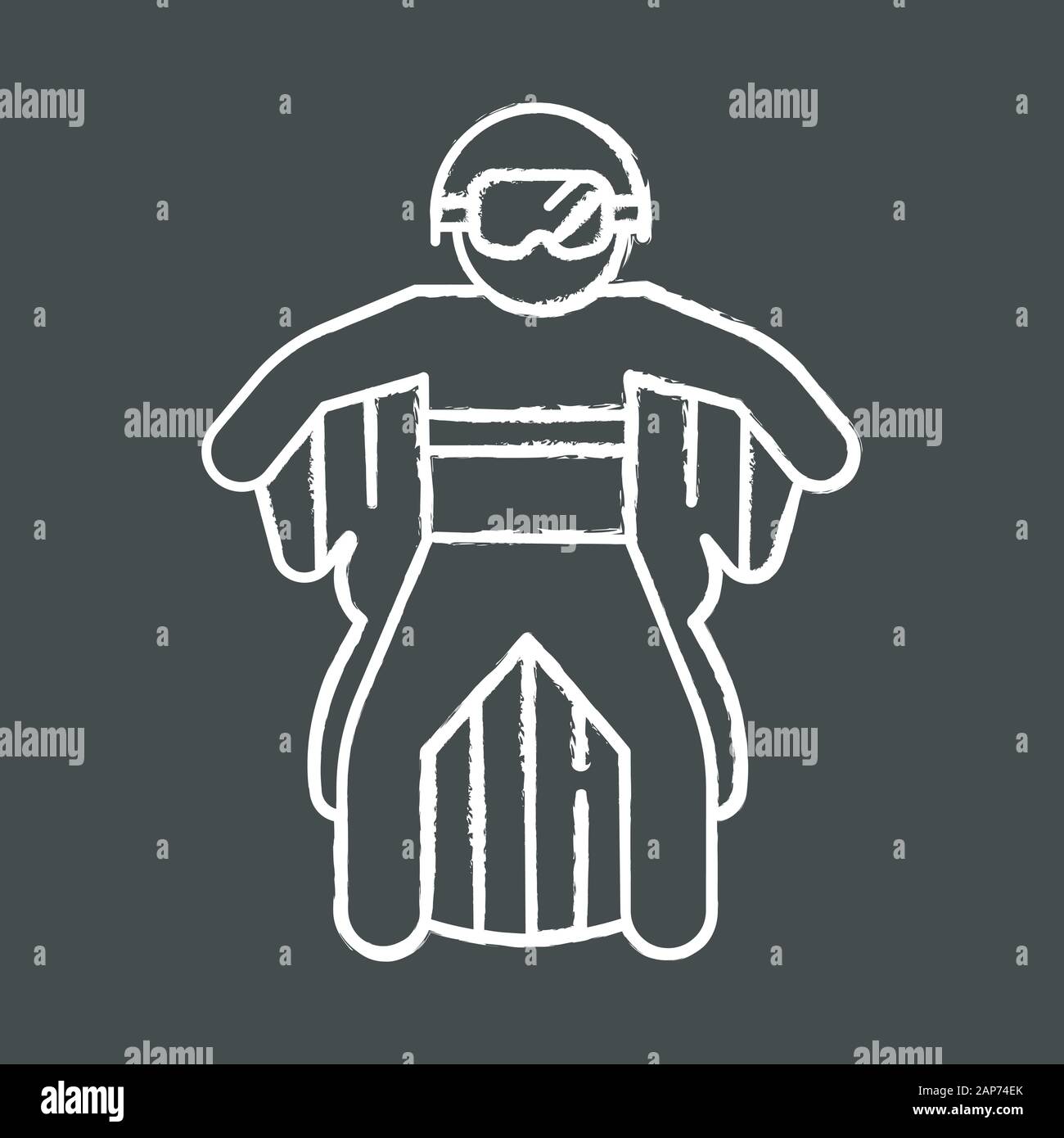 Wingsuit flying chalk icon. Skydiver jumping with wing suit. Skydiving. Air extreme sport. Flight in sky, adrenaline recreation. Parachutist flying. I Stock Vector