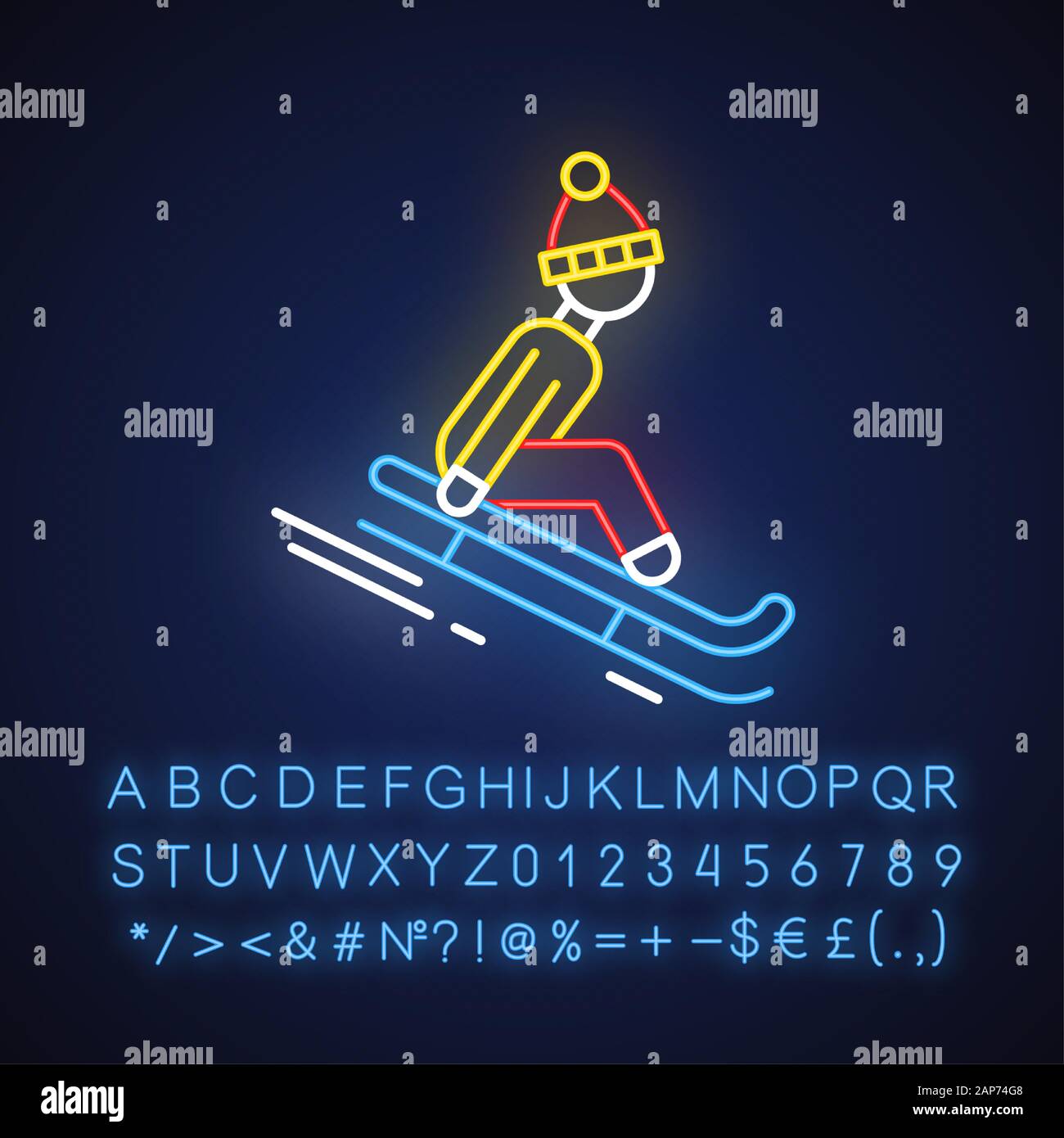 Sledding neon light icon. Winter extreme sport, risky activity and adventure. Sleigh riding. Person sledging. Glowing sign with alphabet, numbers and Stock Vector