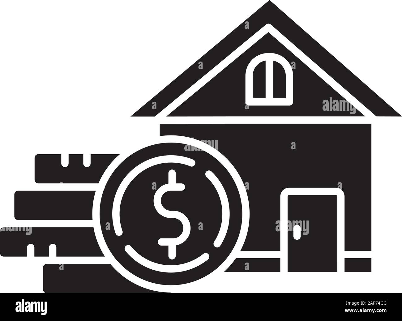 Home equity glyph icon. Credit to buy real estate building. Buying, renting house. Borrow money to purchase apartment. Silhouette symbol. Negative spa Stock Vector