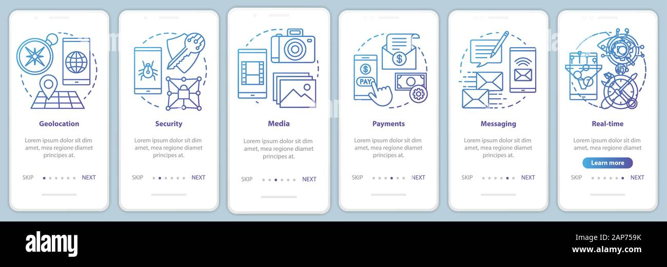 Software development onboarding mobile app page screen vector template. Application programming. Walkthrough website steps with linear illustrations. Stock Vector