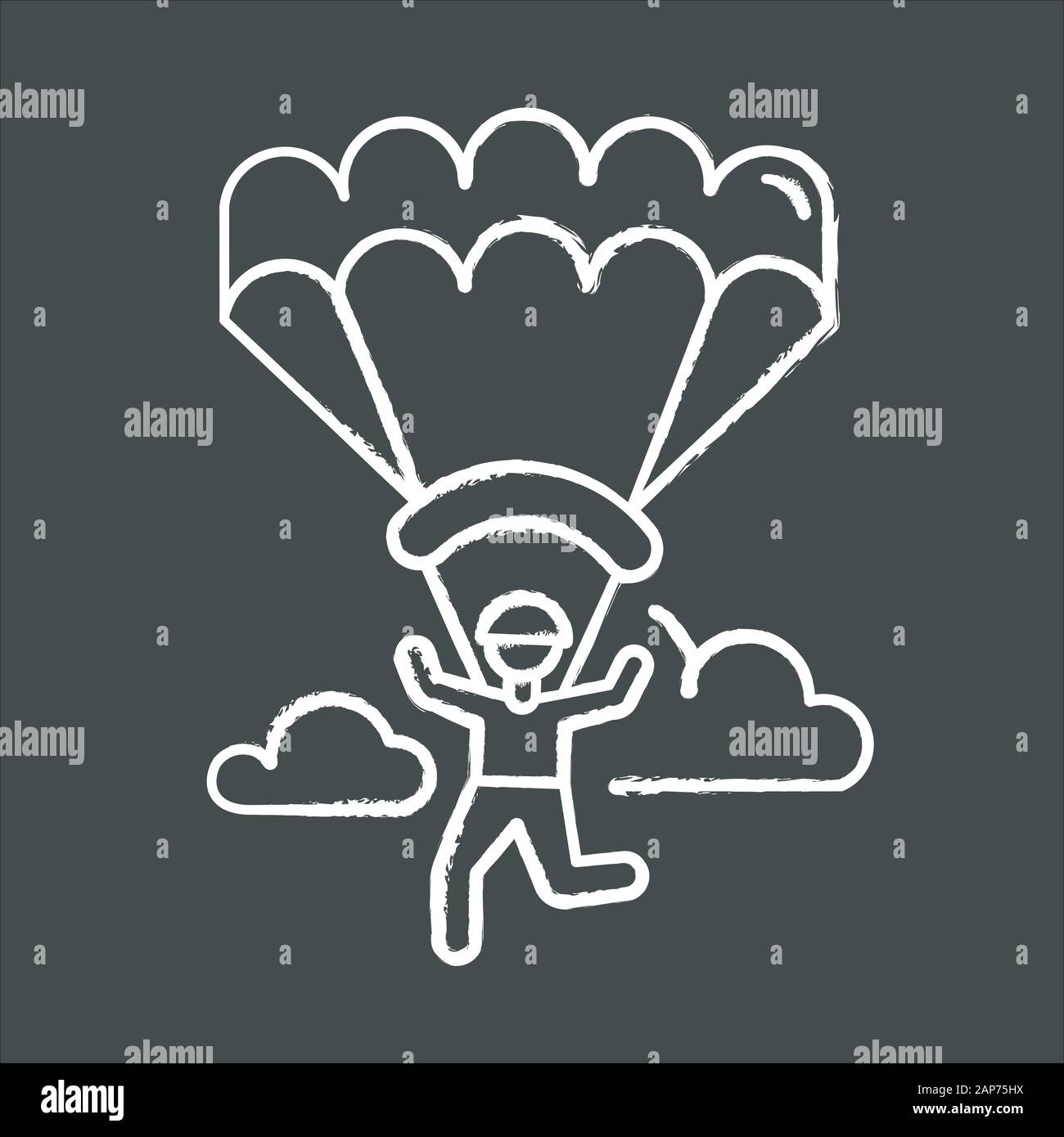 Paragliding chalk icon. Parachuting , paratrooping activity. Air extreme sport. Skydiving, hang gliding recreation. Flights in sky and jumps with para Stock Vector
