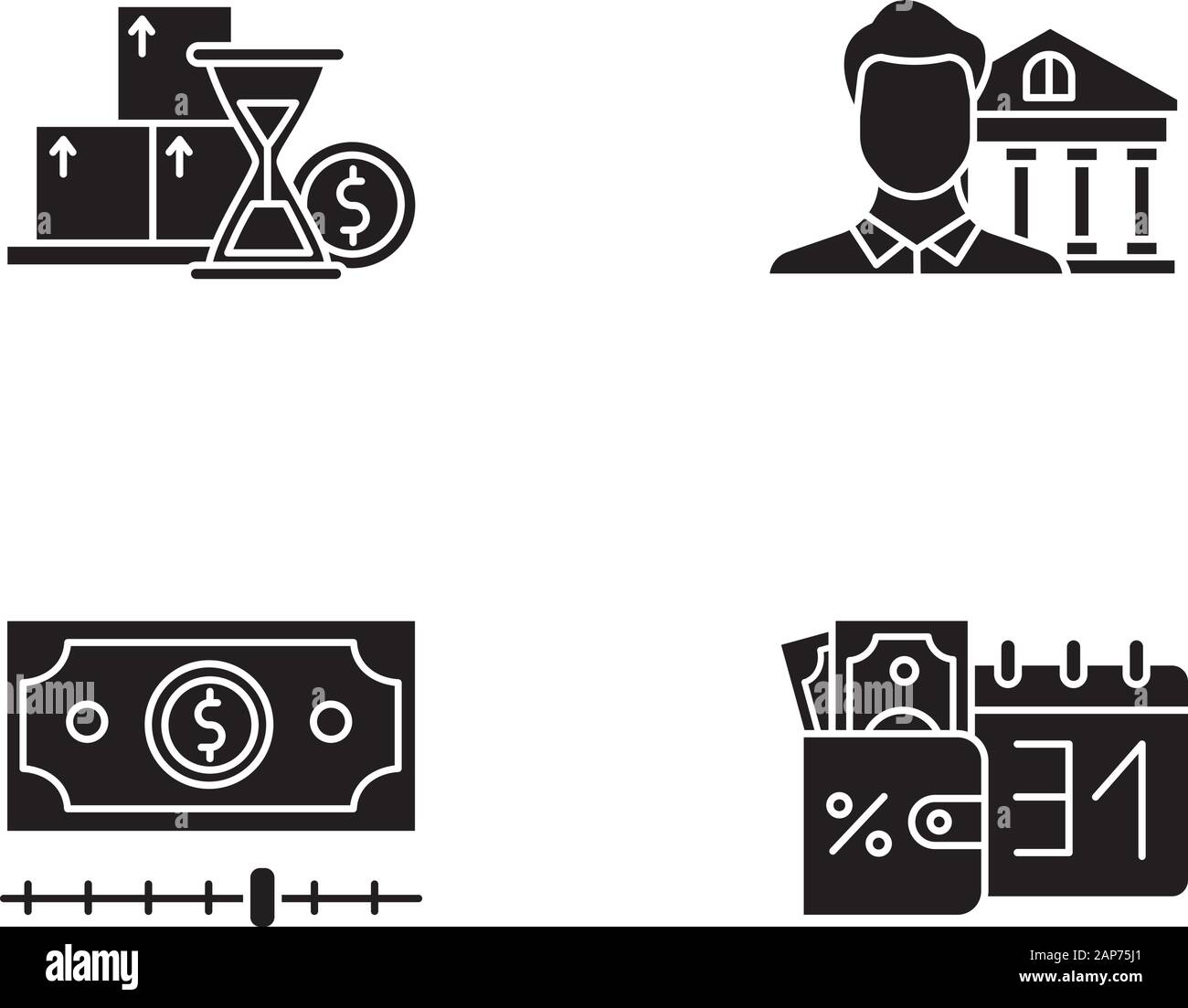 Credit glyph icons set. Monthly icome increase report. Personal loan. Credit manager. Cash advance. Bank building. Credit bureau. Borrow money. Silhou Stock Vector