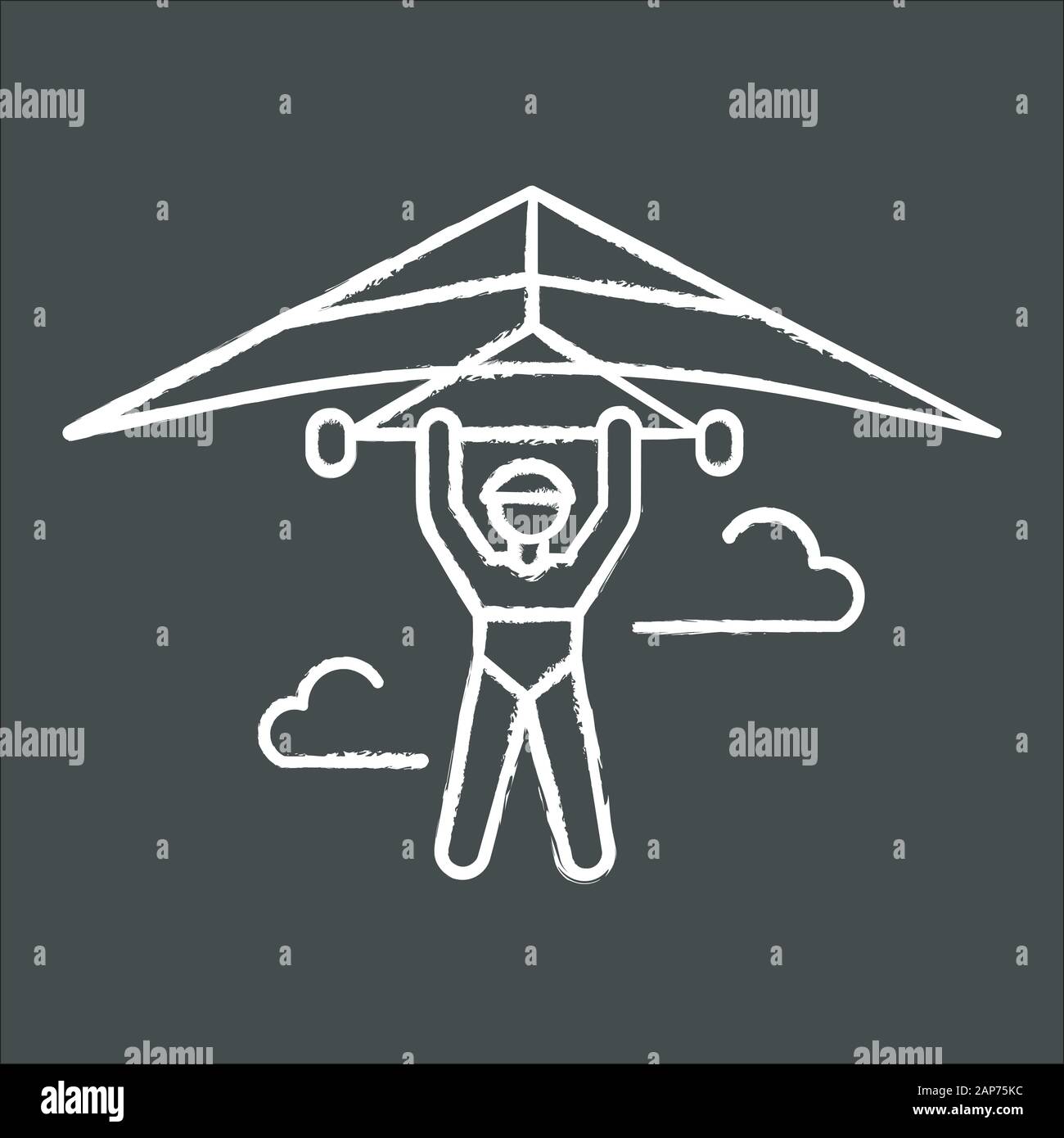 Hang gliding chalk icon. Hangglider pilot flying. Extreme air sport. Skydiving stunt. Adrenaline flights in sky. Paragliding trick. Isolated vector ch Stock Vector