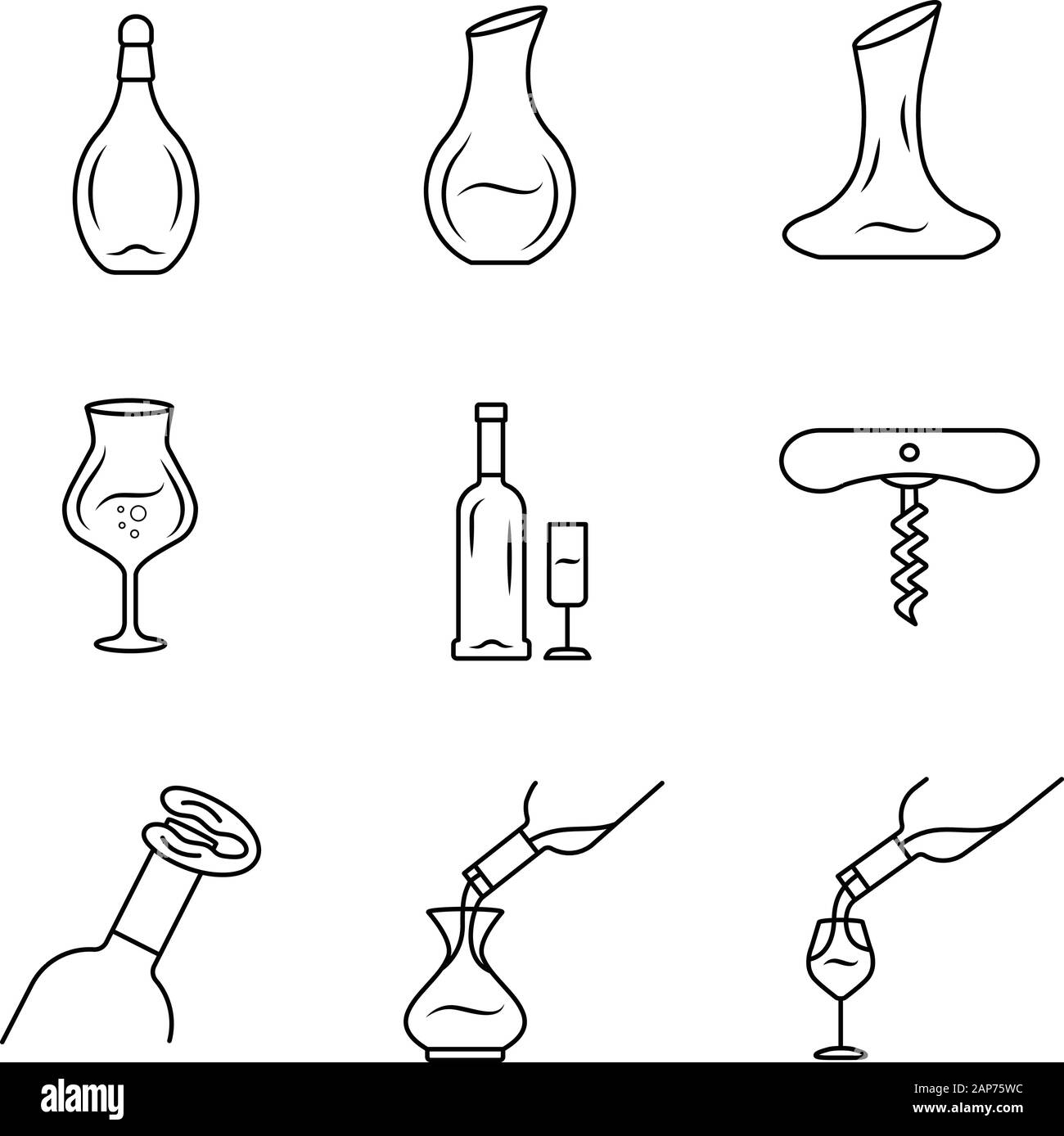 Wine service linear icons set. Alcohol beverage pouring in glass thin line contour symbols. Wineglasses, decanters. Sommelier, barman. Isolated vector Stock Vector
