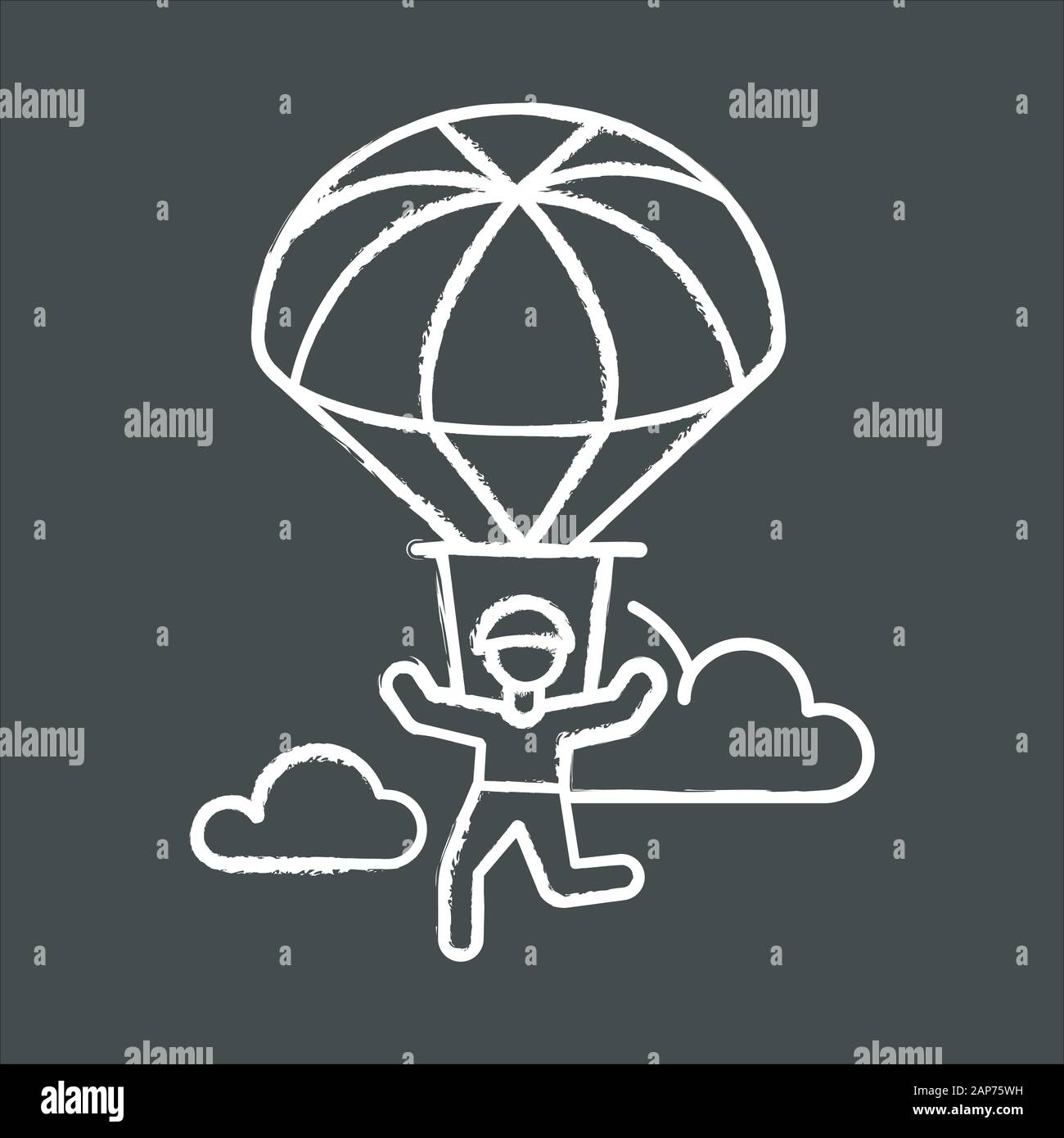 Parachuting chalk icon. Paragliding, paratrooping activity. Air extreme sport. Skydiving, hang gliding recreation. Flights in sky and jumps with parac Stock Vector