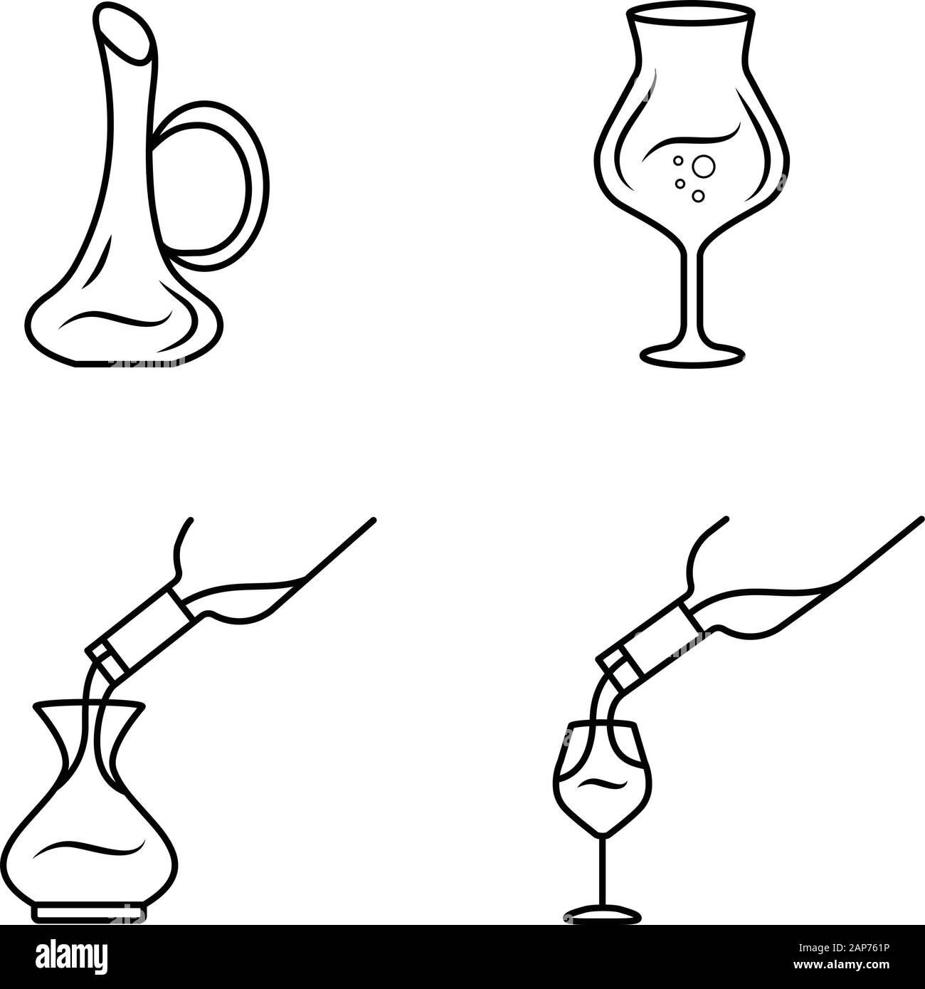 Wine service llinear icons set. Alcohol beverage pouring in glass thin line contour symbols. Pub, bar wineglasses, decanters. Isolated vector outline Stock Vector