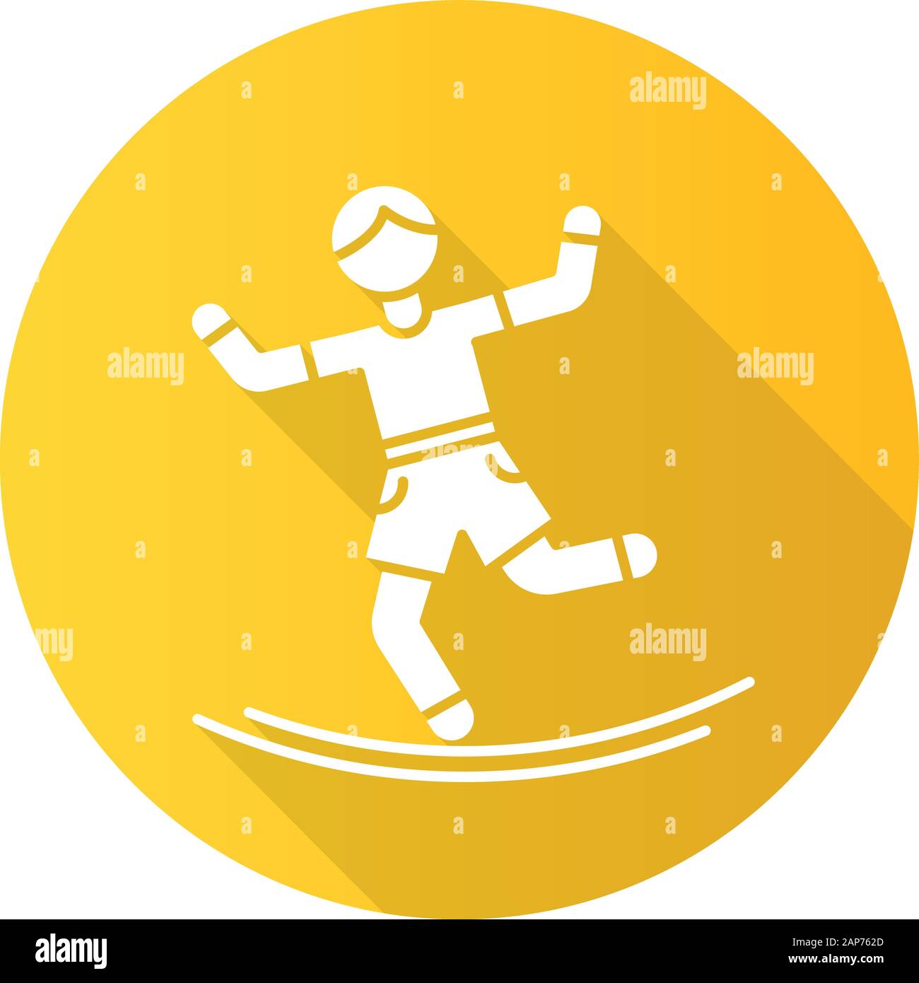 Slacklining yellow flat design long shadow glyph icon. Balance training. Slack rope walking. Tightrope walker. Person balancing on suspended webbing. Stock Vector