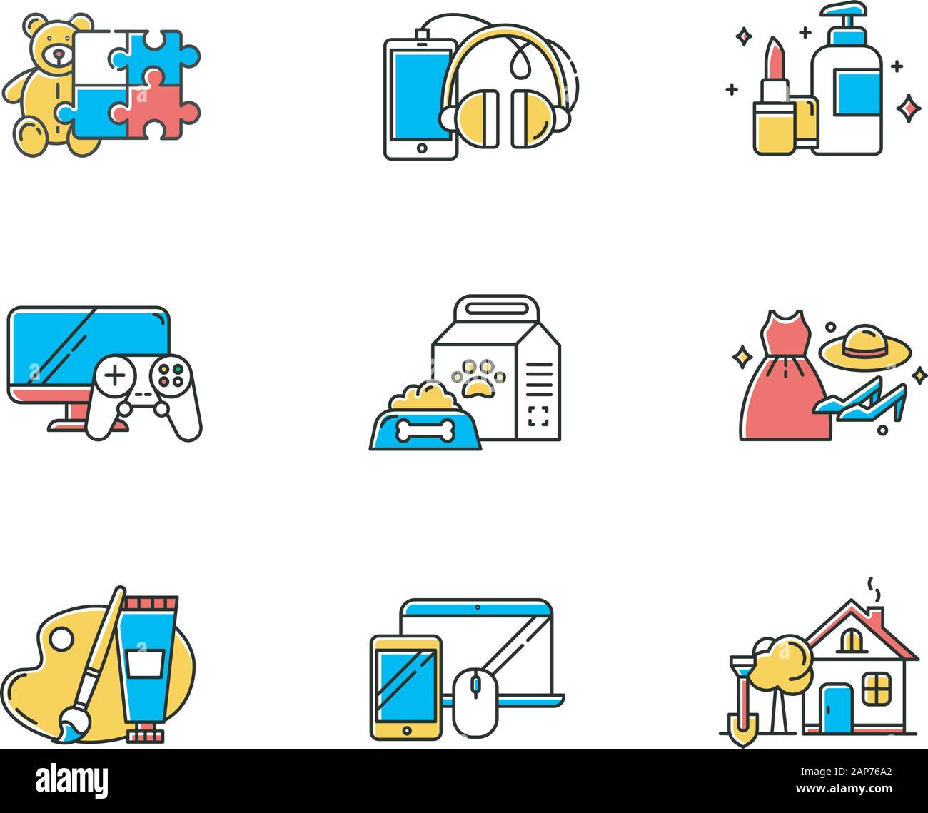 E commerce departments color icons set. Online shopping categories. Beauty and personal care. Fashion. Video games, consoles. Pet supplies. Home and g Stock Vector