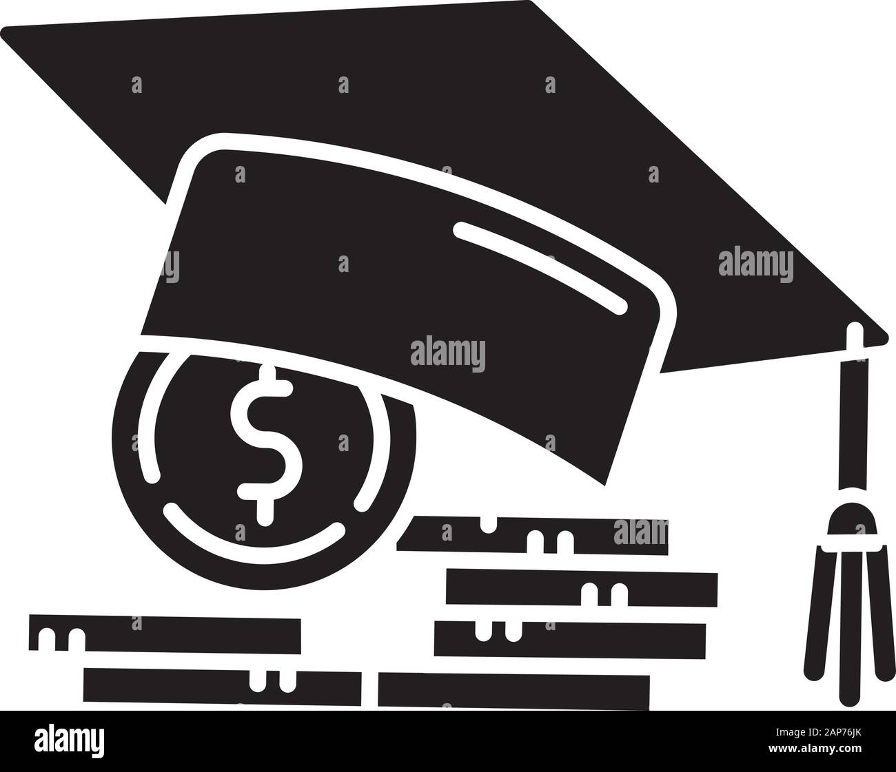 Student loan glyph icon. Credit to pay for university education. Tuition fee. College scolarship. Graduation hat, coin stack. Silhouette symbol. Negat Stock Vector