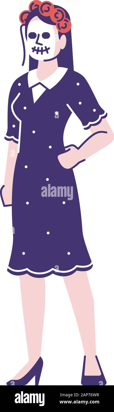 Woman dressed in Mexican day of dead costume flat vector illustrations set. La Calavera Catrina. Cartoon character with outline elements isolated on w Stock Vector