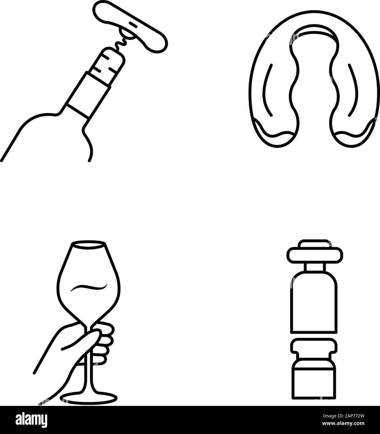 Alcohol drinks tableware linear icons set. Wine glasses, decanters ...
