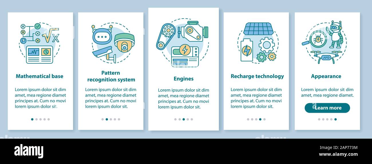 Technology in robotics onboarding mobile app page screen with linear ...