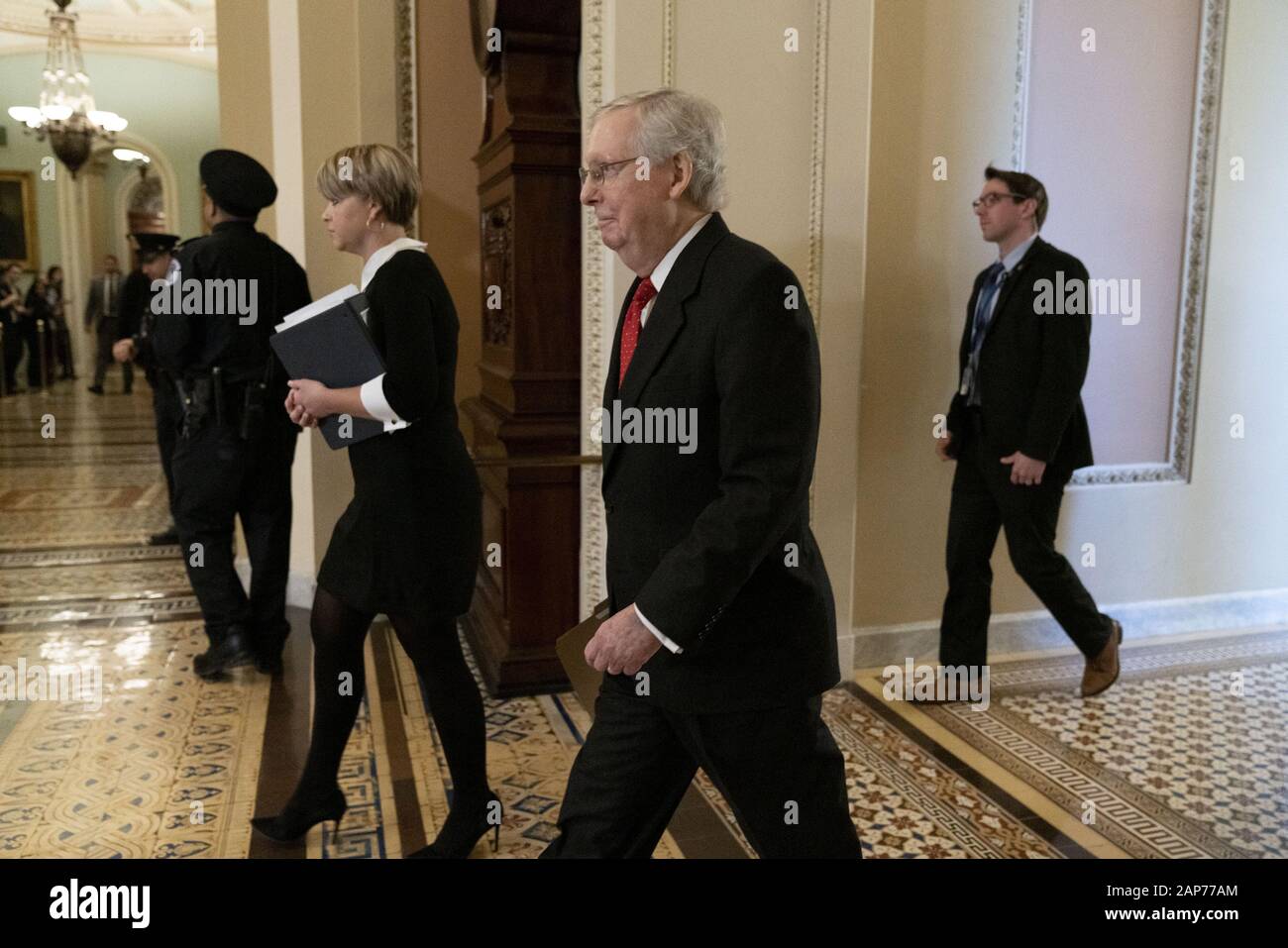 Washington, District of Columbia, USA. 21st Jan, 2020. Senate Majority Leader MITCH MCCONNELL (R-KY) walks out of the Mansfield Room, S207, and walks by the Ohio Clock before entering the Senate Chamber on Day 2 of the Impeachment of Donald John Trump, Jan. 21, 2020 Credit: Douglas Christian/ZUMA Wire/Alamy Live News Stock Photo