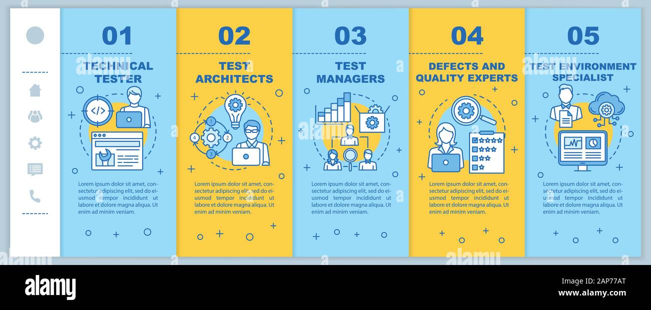 Software testers onboarding mobile web pages vector template. Analysis experts. Responsive smartphone website interface idea with linear illustrations Stock Vector