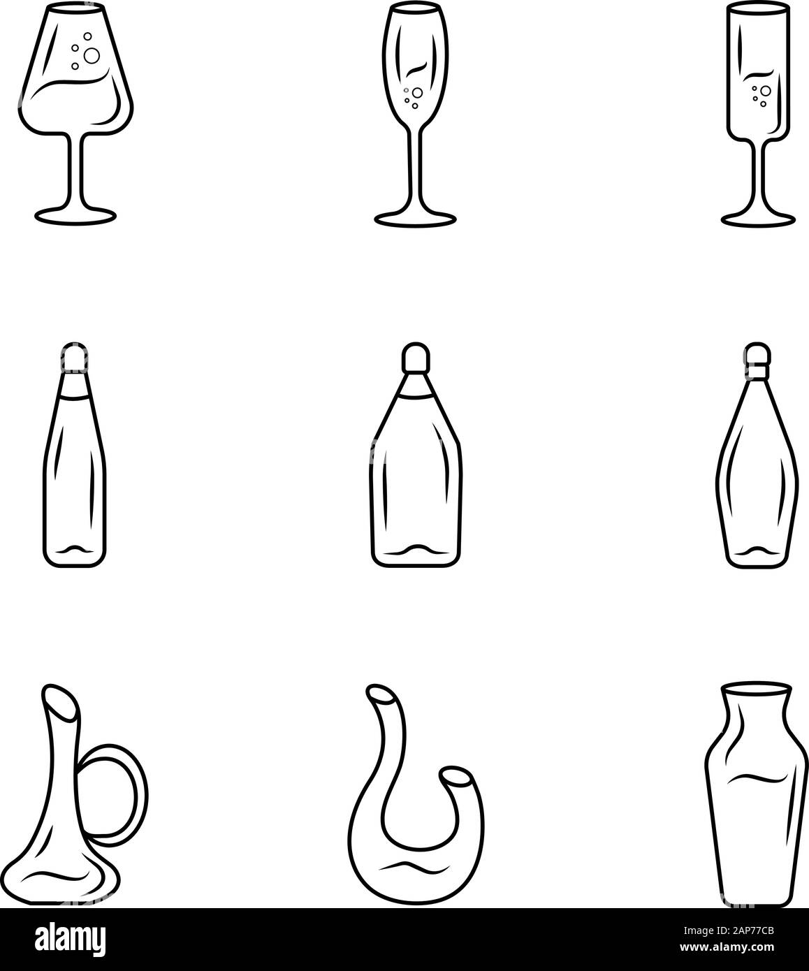 Winery glassware linear icons set. Party, bar, restaurant decanters, bottles, glasses thin line contour symbols. Types of wine. Isolated vector outlin Stock Vector
