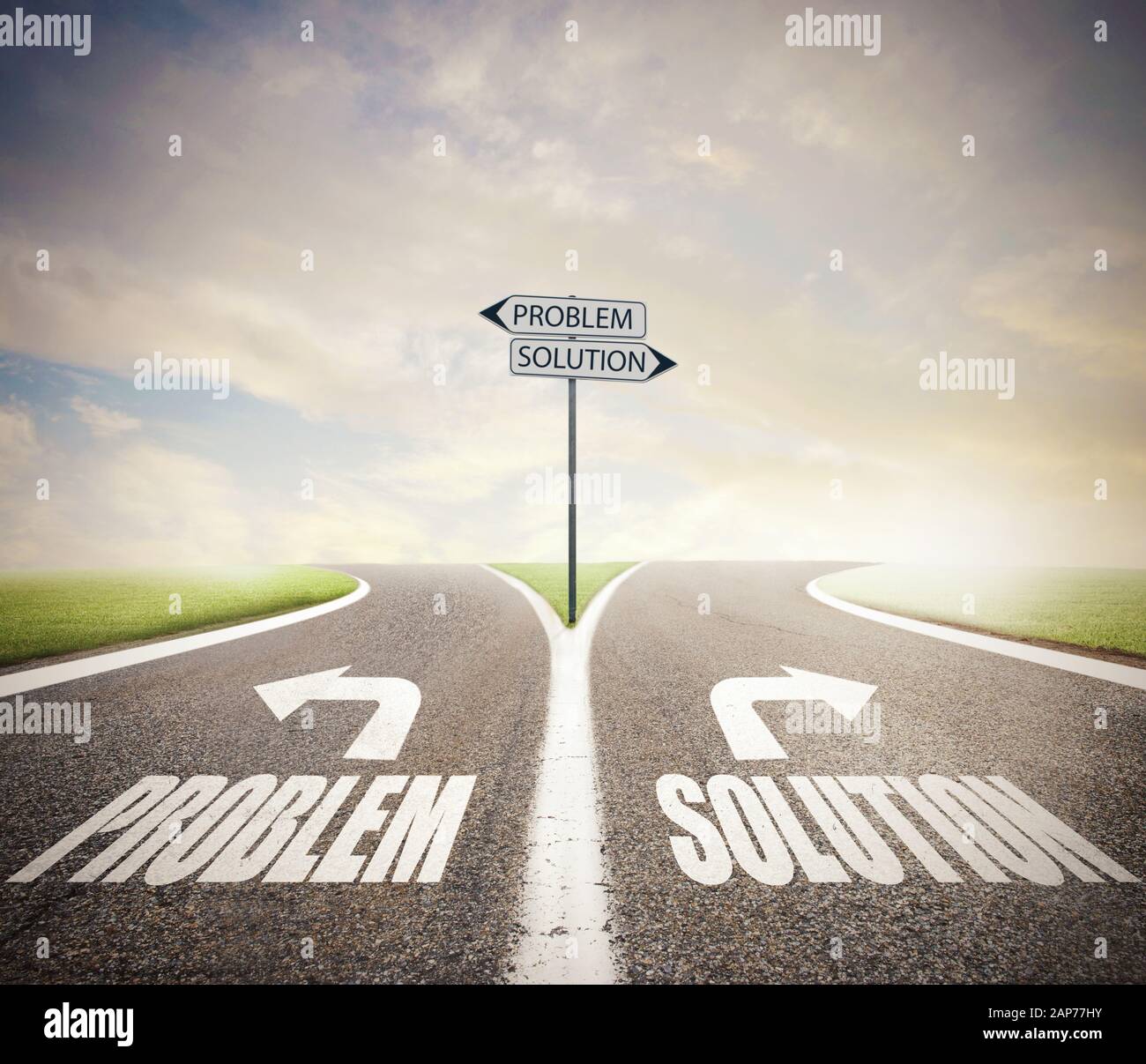 Crossroads with problem and solution way. Concept of right decision. Stock Photo