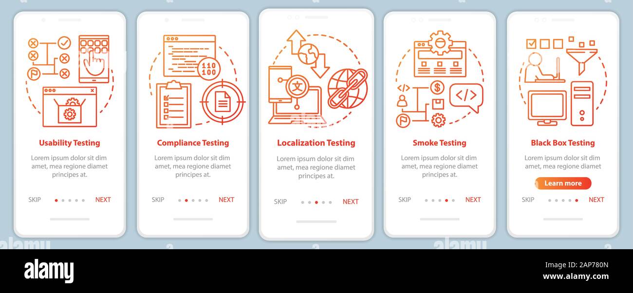 Non-functional software testing orange onboarding mobile app page screen vector template. Usability. Walkthrough website steps with linear illustratio Stock Vector