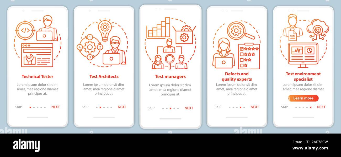 Software testing roles orange onboarding mobile app page screen vector template. Qulity control experts. Walkthrough website steps with linear illustr Stock Vector