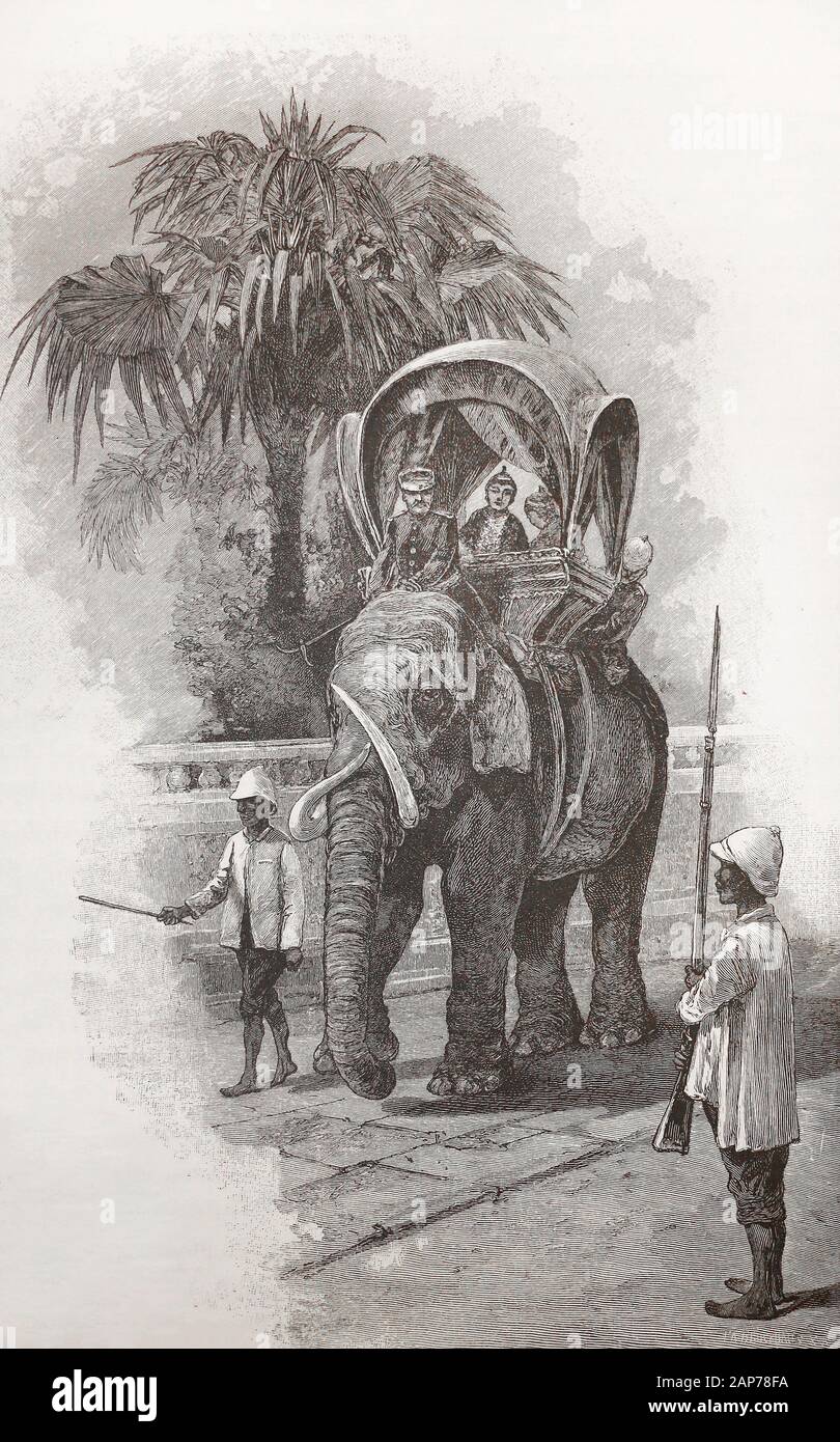 Siamese prince on a gigantic ceremonial elephant. Engraving of the 19th century. Stock Photo