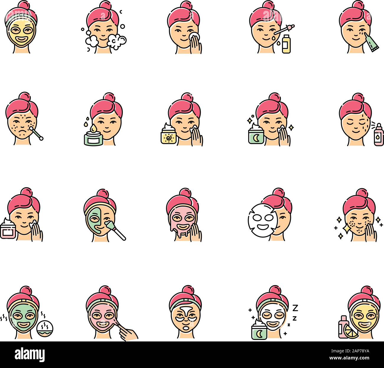 Skin care procedures color icons set. Using face cream. Liquid, sheet ...