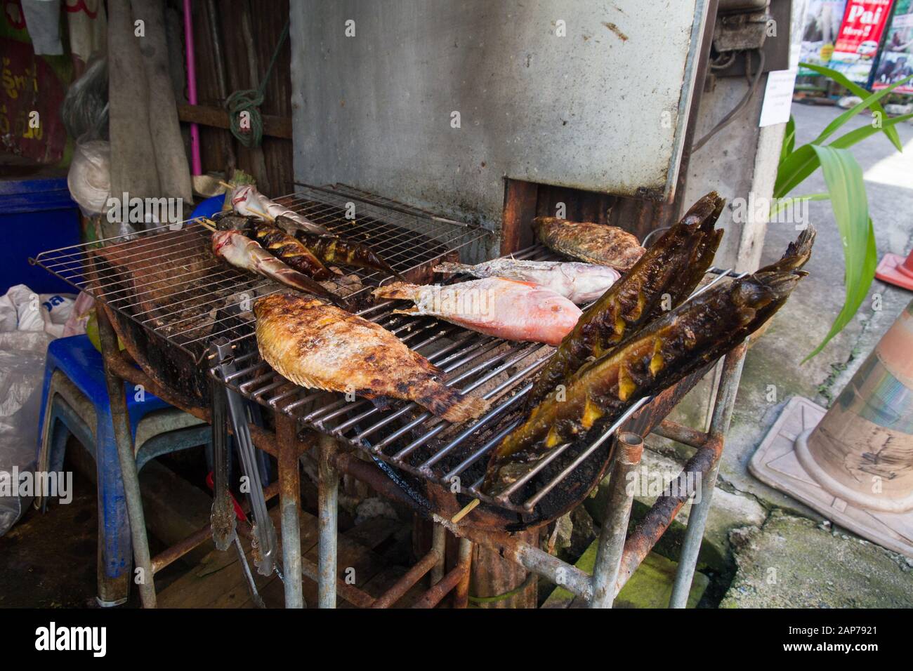 Fishes BBQ in street Thailand Stock Photo