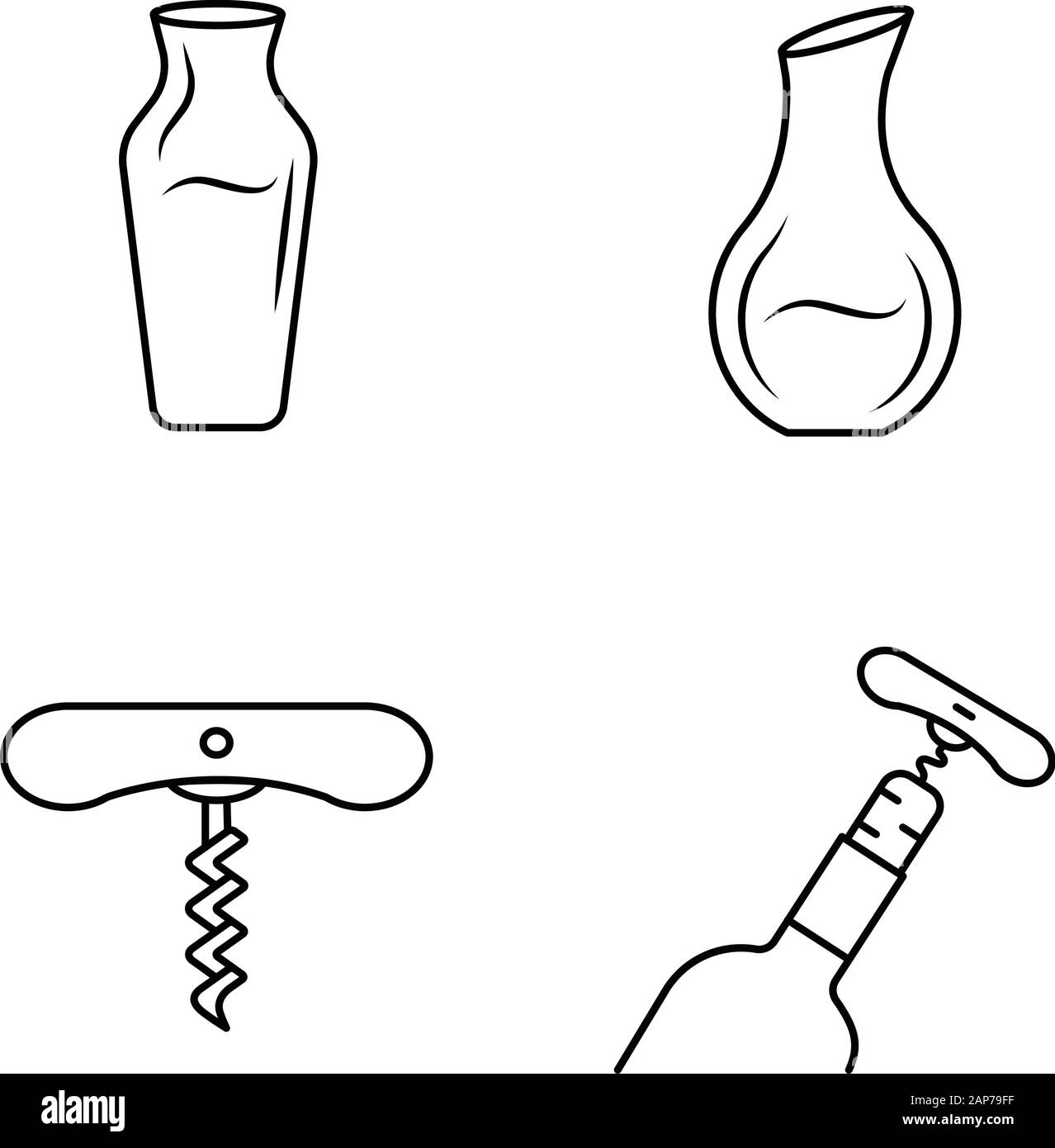 Wine linear icons set. Different types of decanters thin line contour symbols. Corkscrew, bottle opening tools. Barman equipment. Isolated vector outl Stock Vector
