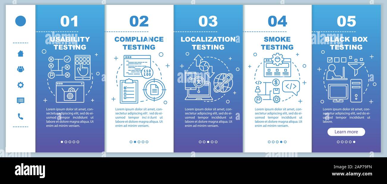 Usability testing blue onboarding mobile web pages vector template. Responsive smartphone website interface idea with linear illustrations. Webpage wa Stock Vector