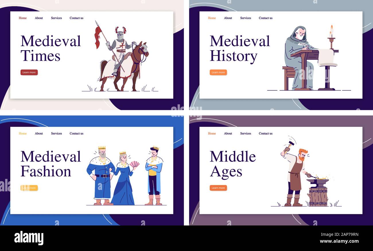Medieval hisory, warfare, fashion, crafts landing page vector template set. Middle Ages website interface idea with flat illustrations. Homepage layou Stock Vector