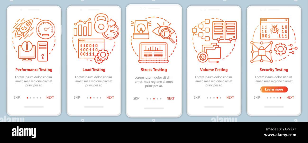 Non-functional software testing orange onboarding mobile app page screen vector template. Program analysis. Walkthrough website steps with linear illu Stock Vector