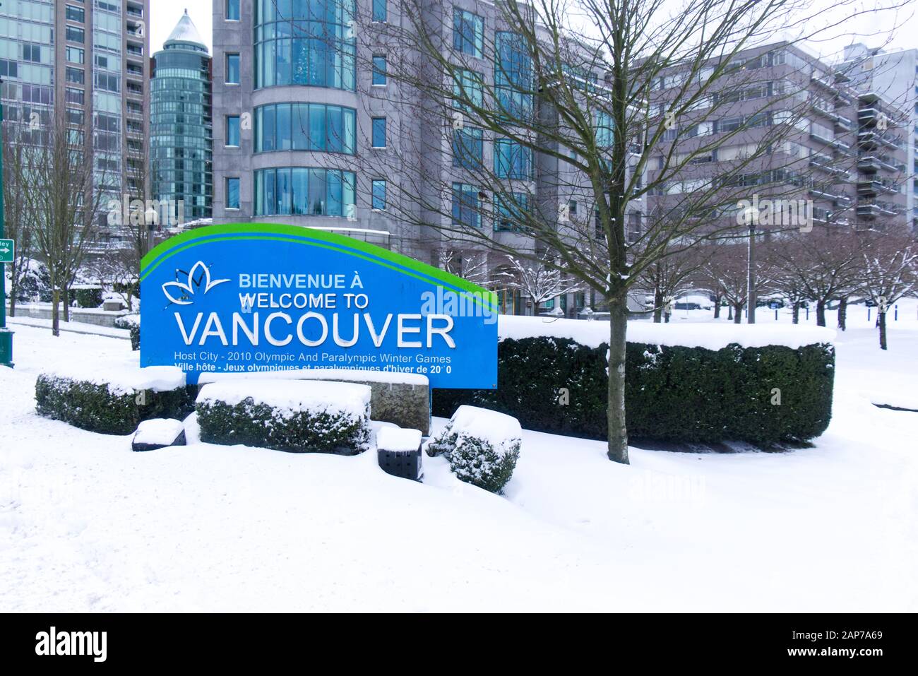 Vancouver, Canada January 15, 2020 A View of sign to Vancouver" covered in snow