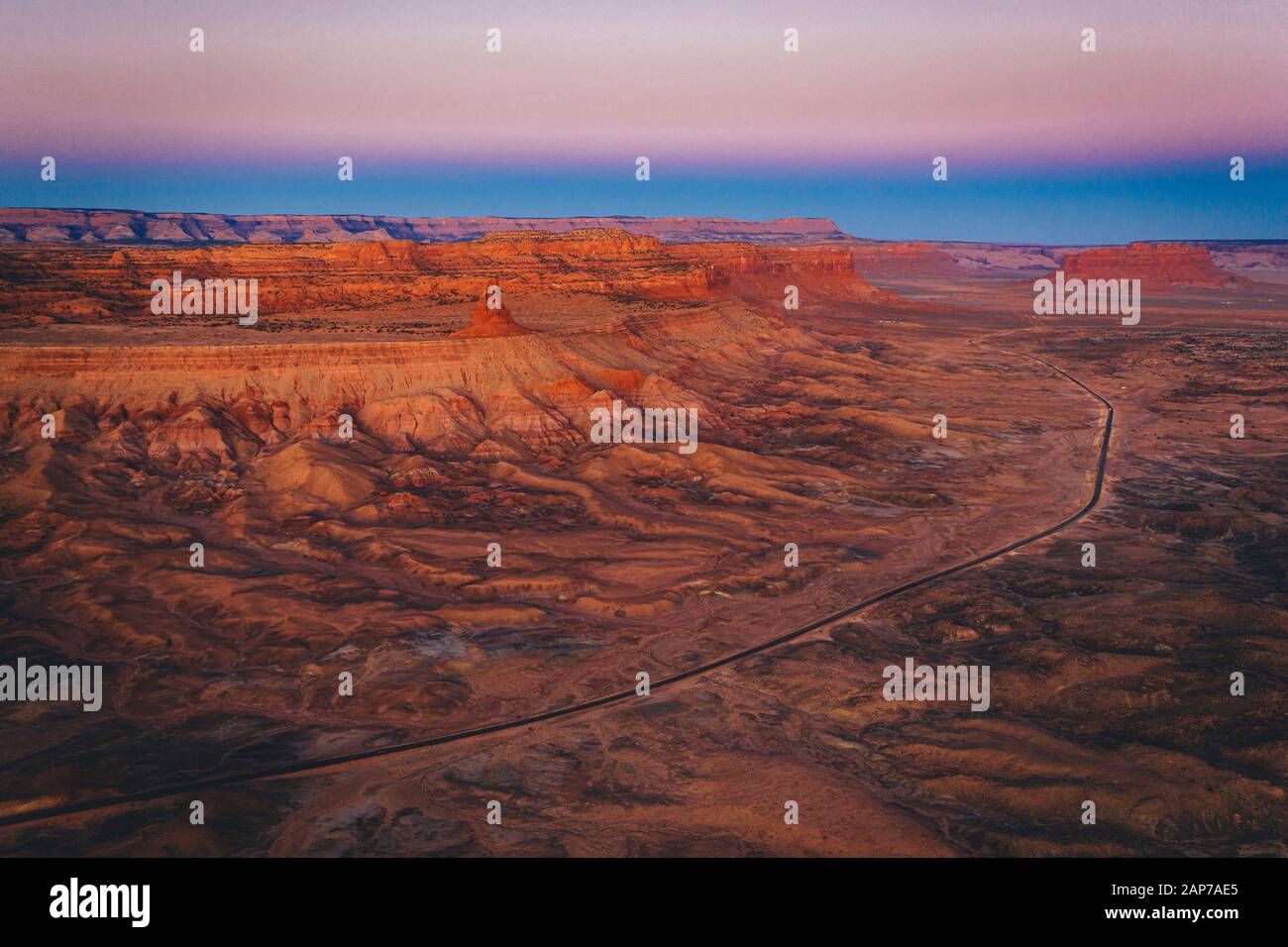 Aerial view of Highway 163 to Monument Valley in the morning Stock Photo