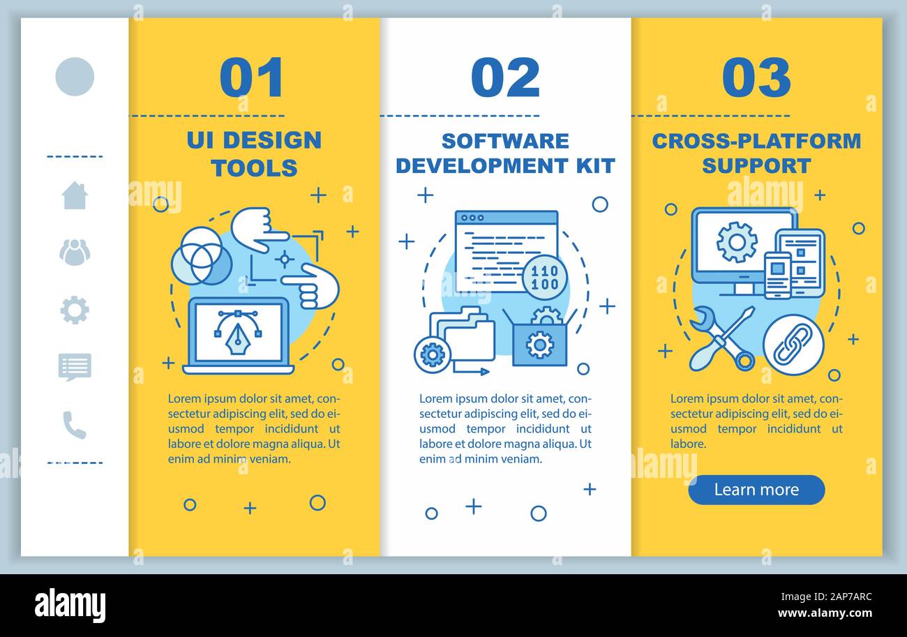 Software development onboarding mobile web pages vector template. Responsive smartphone website interface idea with linear illustrations. Webpage walk Stock Vector