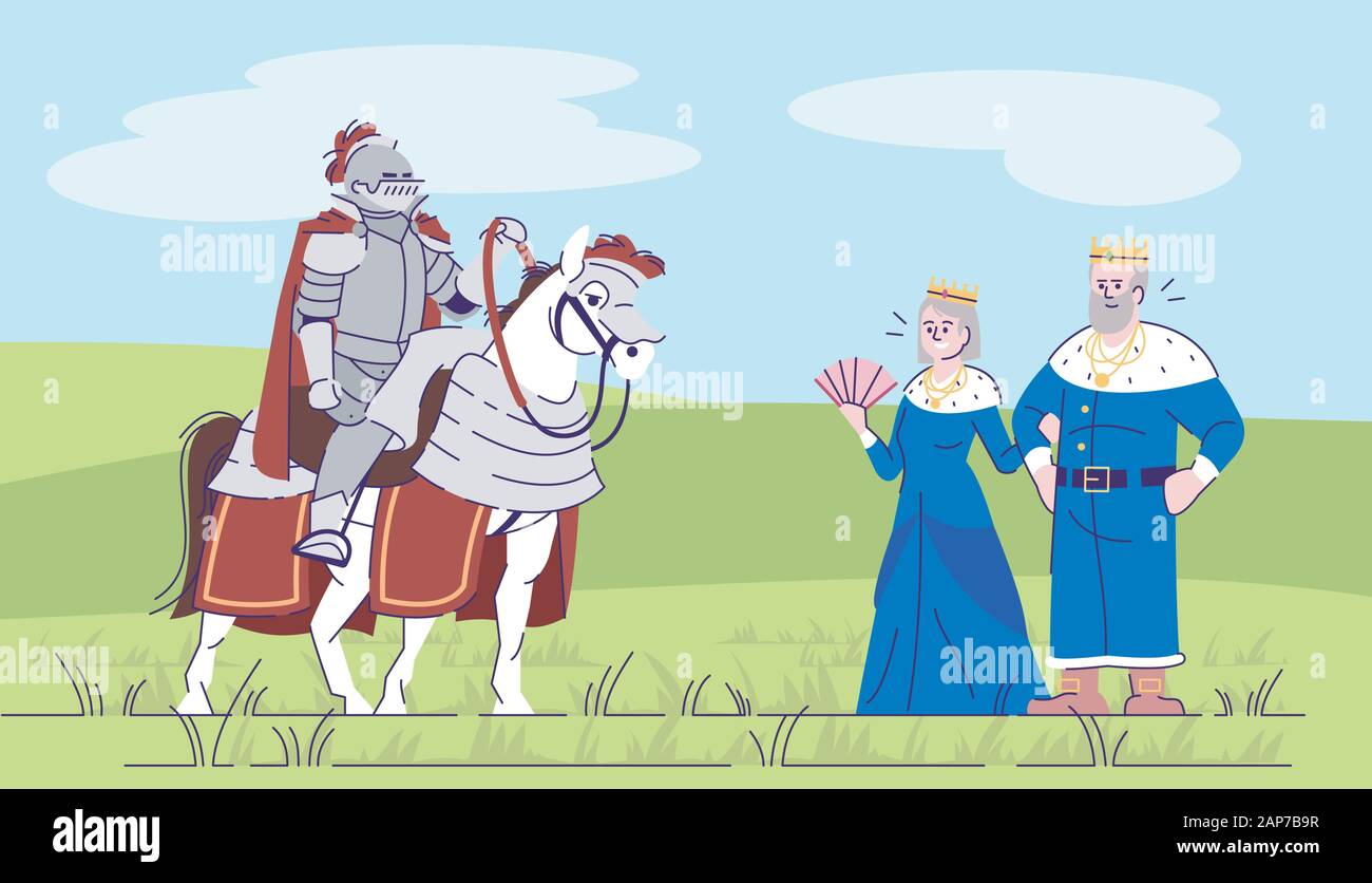 Medieval knight and kingdom rulers flat vector illustration. Cavalier on horse with royal couple cartoon character with outline. Fairytale king, queen Stock Vector