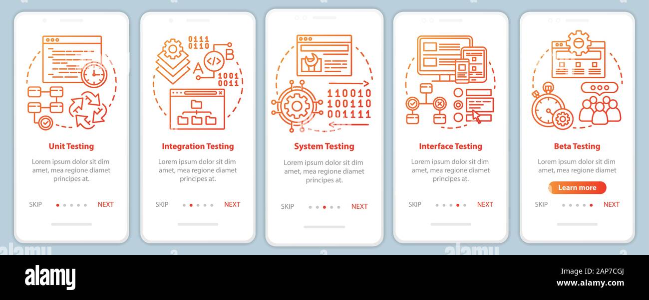 Functional software testing orange onboarding mobile app page screen vector template. Progam analysis. Walkthrough website steps with linear illustrat Stock Vector