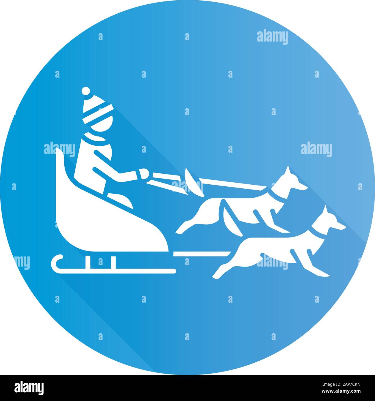 Dog sledding blue flat design long shadow glyph icon. Winter extreme sport, risky activity. Sleigh riding. Cold season outdoor leisure. Group of husky Stock Vector