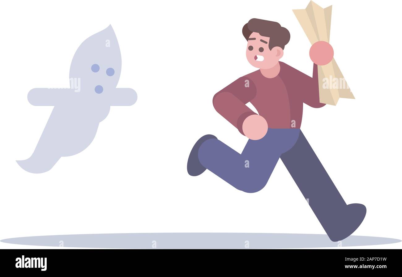 Halloween escape room flat vector illustration. Man running from ghost isolated cartoon character on white background. Scared young boy in escape room Stock Vector