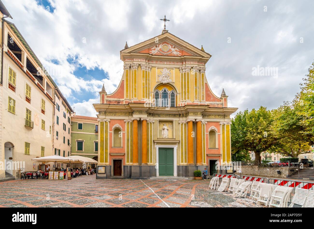 Front facade of he Sant Antonio Abate Church in a small piazza on an overcast day in Dolceacqua, Italy Stock Photo