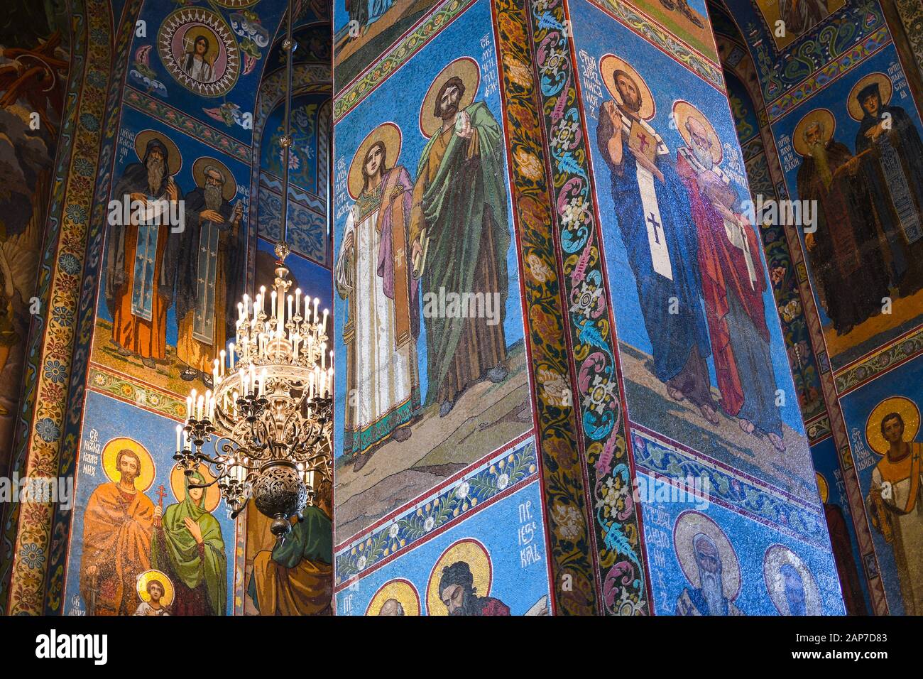Inside the Church of the Savior on Spilled Blood in St Petersburg, Russia, depicting religious scenes in mosaics on the walls and ceilings Stock Photo