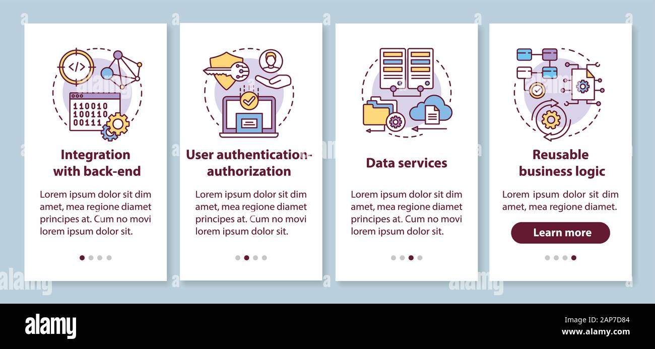 Software development onboarding mobile app page screen with linear concepts. Integration with back-end walkthrough 4 steps graphic instructions. UX, U Stock Vector