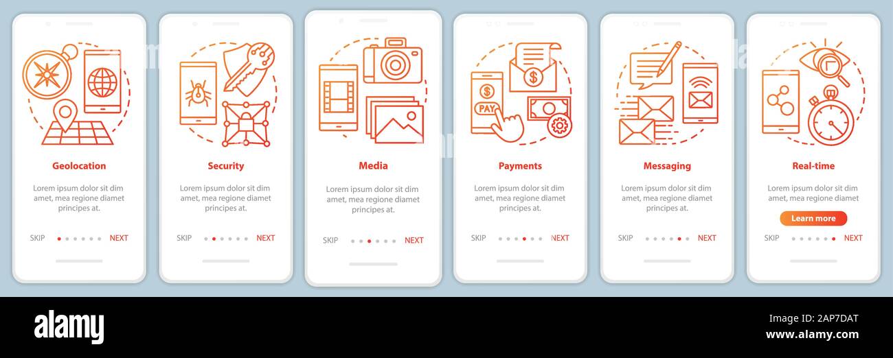 Software development onboarding mobile app page screen vector template. Application programming. Walkthrough website steps with linear illustrations. Stock Vector